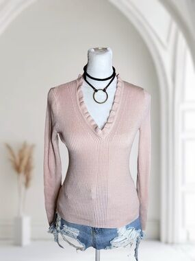 Hooked Up Ribbed Ruffle Trim V-Neck Long Sleeve Sweater Size Small